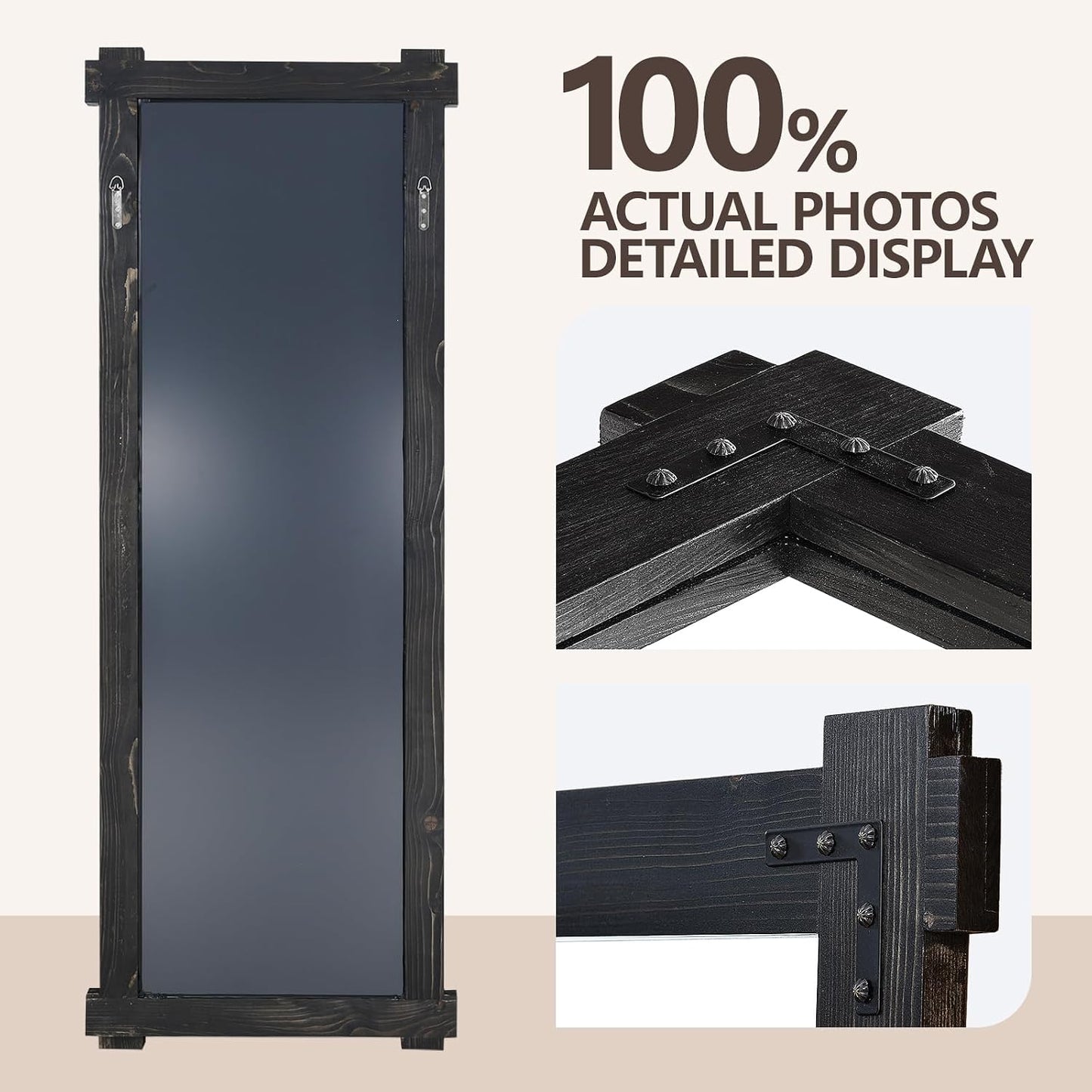 65x24 Inch Full Length Mirror, Pine Frame Full Body Standing Mirror with Metal Decorative, Black