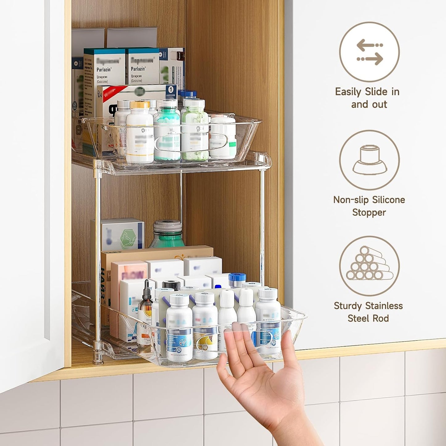 Sevenblue 4-Pack 2-Tier Under Sink Organizer with Pull Out Drawers | Multi-use kitchen & bathroom storage. Includes hanging hooks and cups. Black, space-saving cabinet design.