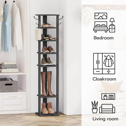 HOOBRO 8 Tiers Vertical Shoe Rack, Wooden Shoe Storage Organizer with Hooks, Narrow Shoe Tower for 8 Pairs, Space Saving, for Entryway, Living Room, Bedroom, Rustic Brown BF07XJ01G1