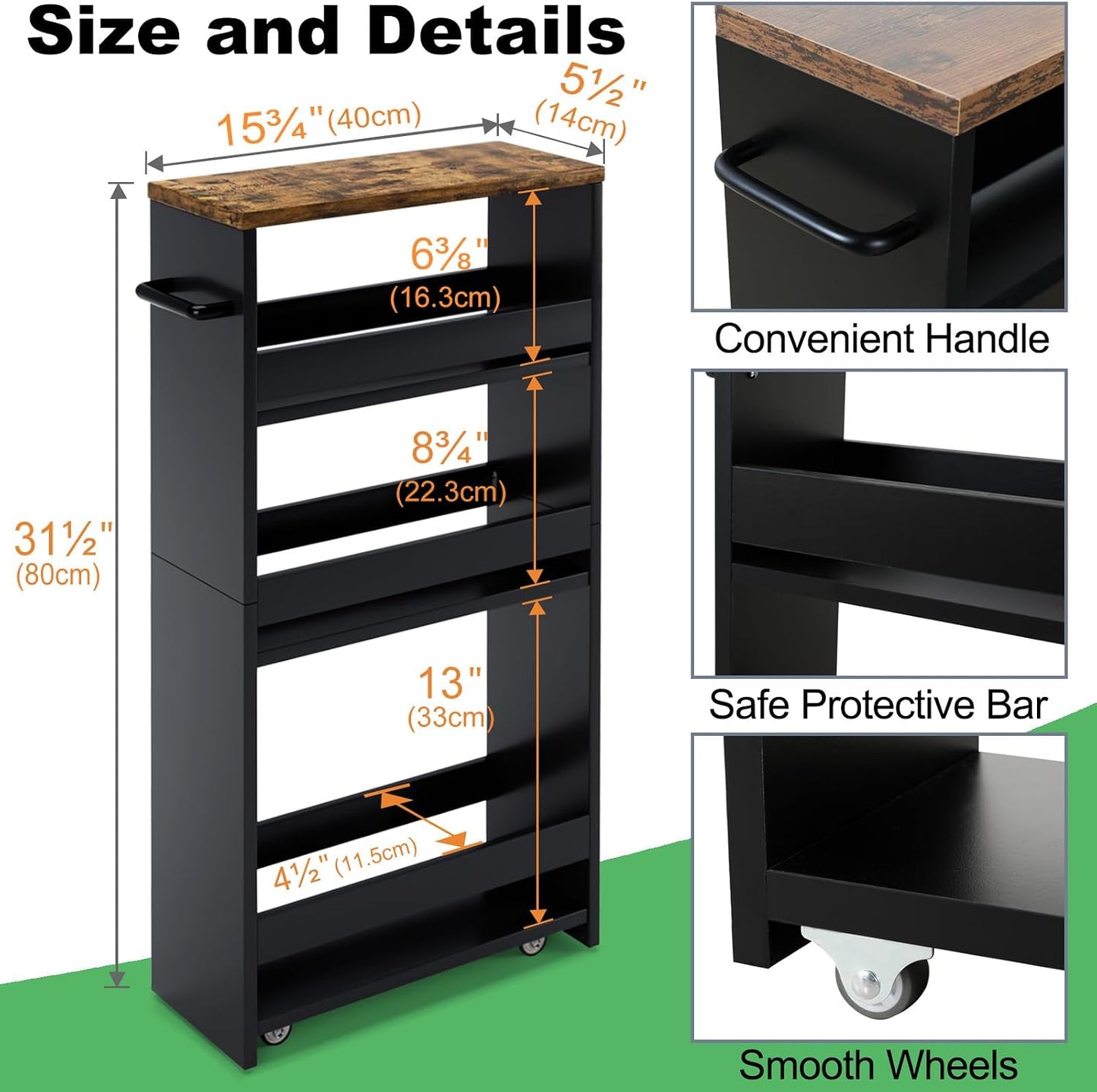 MARTY Slim Rolling Storage Cart 4-Tier Kitchen Cart with Wheels, Laundry Room Storage with Handle Slide Out Utility Cart Shelving Unit Organizer Trolley for Narrow Places Bathroom Small Corner, Black