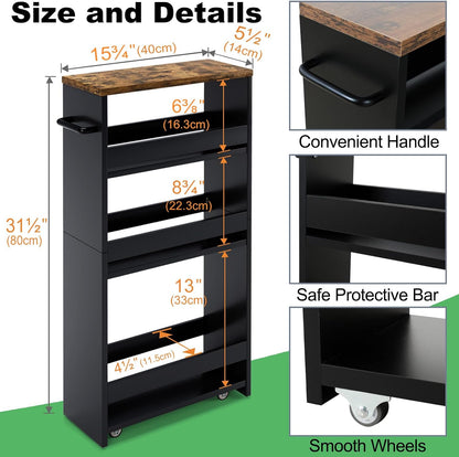 MARTY Slim Rolling Storage Cart 4-Tier Kitchen Cart with Wheels, Laundry Room Storage with Handle Slide Out Utility Cart Shelving Unit Organizer Trolley for Narrow Places Bathroom Small Corner, Black