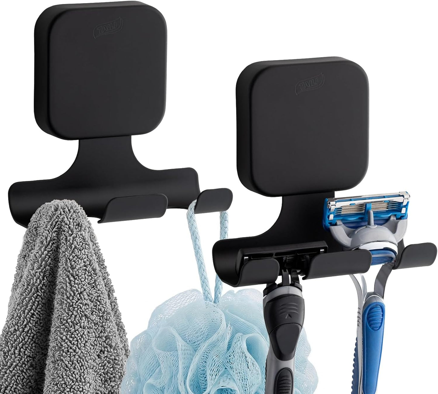 TAILI Suction Cup Razor Holder in Shower 2 Pack, Towel, Loofah, Shaver Holder for Bathroom Wall, Powerful Suction Cup Shower Hooks, Easy to Install and Reuse, White