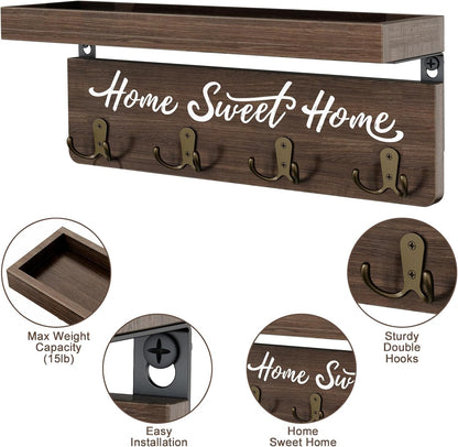 buways Key Holder Wall Mount with 4 Double Hooks-Solid Wood Wall-Mounted Organizer for Keys&Mail Rustic Key Rack Hanger Holder Home Decor for Entryway Living Room (Gray)