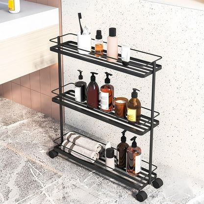 3-Tier Narrow Rolling Storage Cart Metal Utility Rack with Wheels Space-Saving Organizer for Bathroom Kitchen Laundry Room Long-Lasting(Gold)