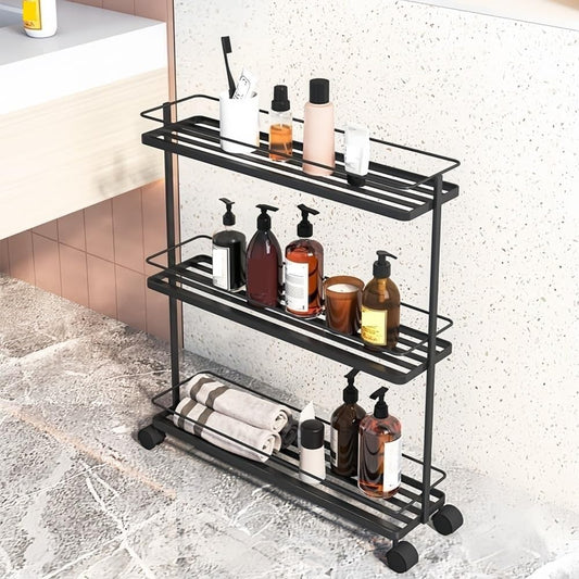 3-Tier Narrow Rolling Storage Cart Metal Utility Rack with Wheels Space-Saving Organizer for Bathroom Kitchen Laundry Room Long-Lasting(Gold)
