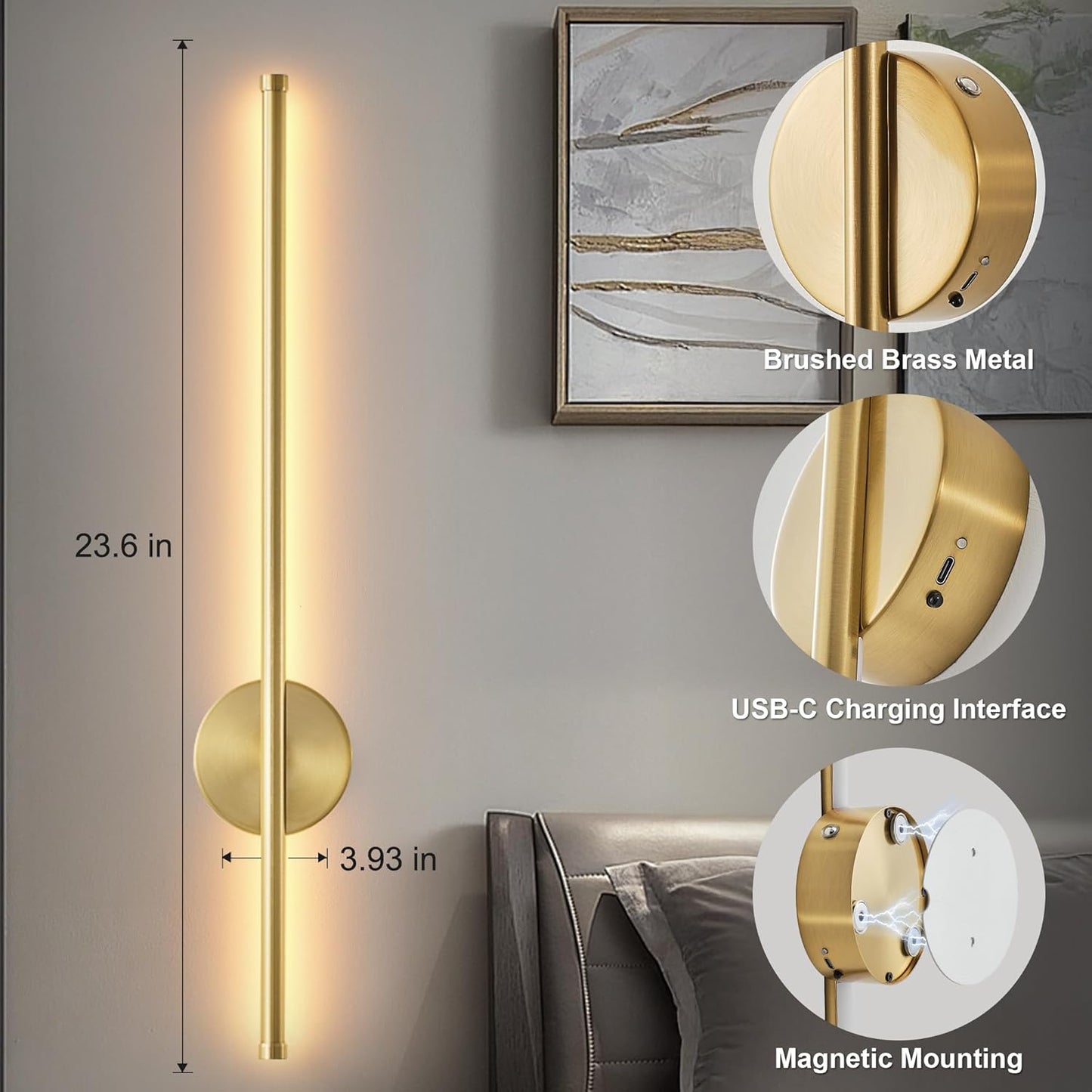 Battery Operated Modern Wall Sconces, Dimmable Wireless Wall Light Set of Two with Remote Control, 3 Color Temperatures, Rechargeable LED Wall Sconce for Bedroom, Living Room, Hallway, 23.6 Inch Brass