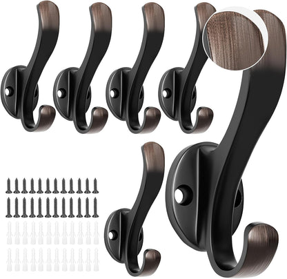 Heavy Duty Coat Hooks - 6 Pack Aluminum Alloy Wall Mounted Hooks for Hanging Jacket, Clothes, Bags, Hat | Durable Metal Utility Wall Hooks for Entryway, Closet, Mudroom, Bathroom, Garage