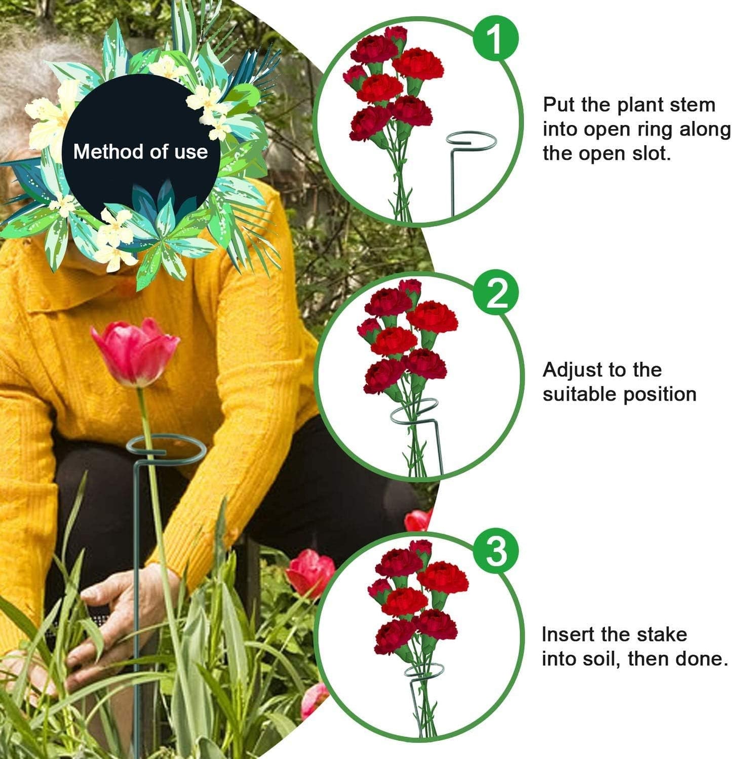 HiGift 17 inch Plant Support Stakes, 4mm Thick Garden Single Stem Flower Support Stake Amaryllis Plant Cage Support Rings with 10 pcs Plant Clips for Tomato Orchid Lily Peony Rose Flower Stem-5 Pack