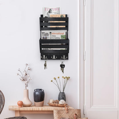 Unistyle Mail Organizer with 4 Hooks, Rustic Brown Wall Mount, Cedar Wood Key Holder for Letters, Magazines, Keys, Dog Leashes