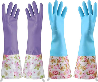 KINGFINGER 2 Pairs Latex-Free Reusable Dishwashing Gloves,PVC Waterproof Long Cuff and Flock Lining Household Cleaning Gloves,for Kitchen & Bathroom Cleaning, Large