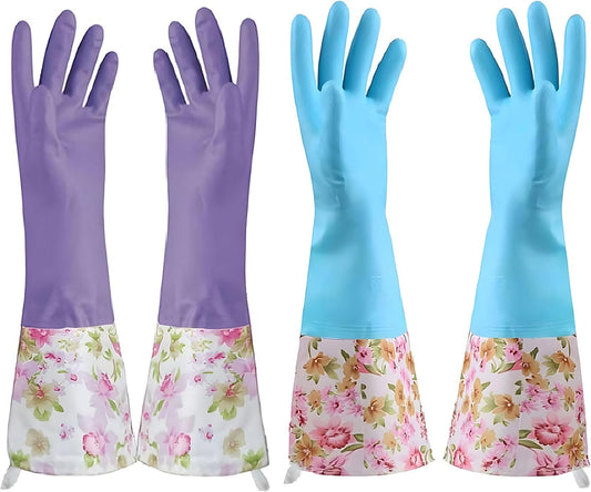 KINGFINGER 2 Pairs Latex-Free Reusable Dishwashing Gloves,PVC Waterproof Long Cuff and Flock Lining Household Cleaning Gloves,for Kitchen & Bathroom Cleaning, Large