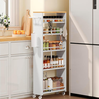 YATINEY 6 Tier Slim Storage Cart, Rolling Utility Cart with 360° Lockable Casters, Handle and 6 Hooks, Space Saving Organizer for Kitchen, Bathroom, Laundry Room, White BC11WN