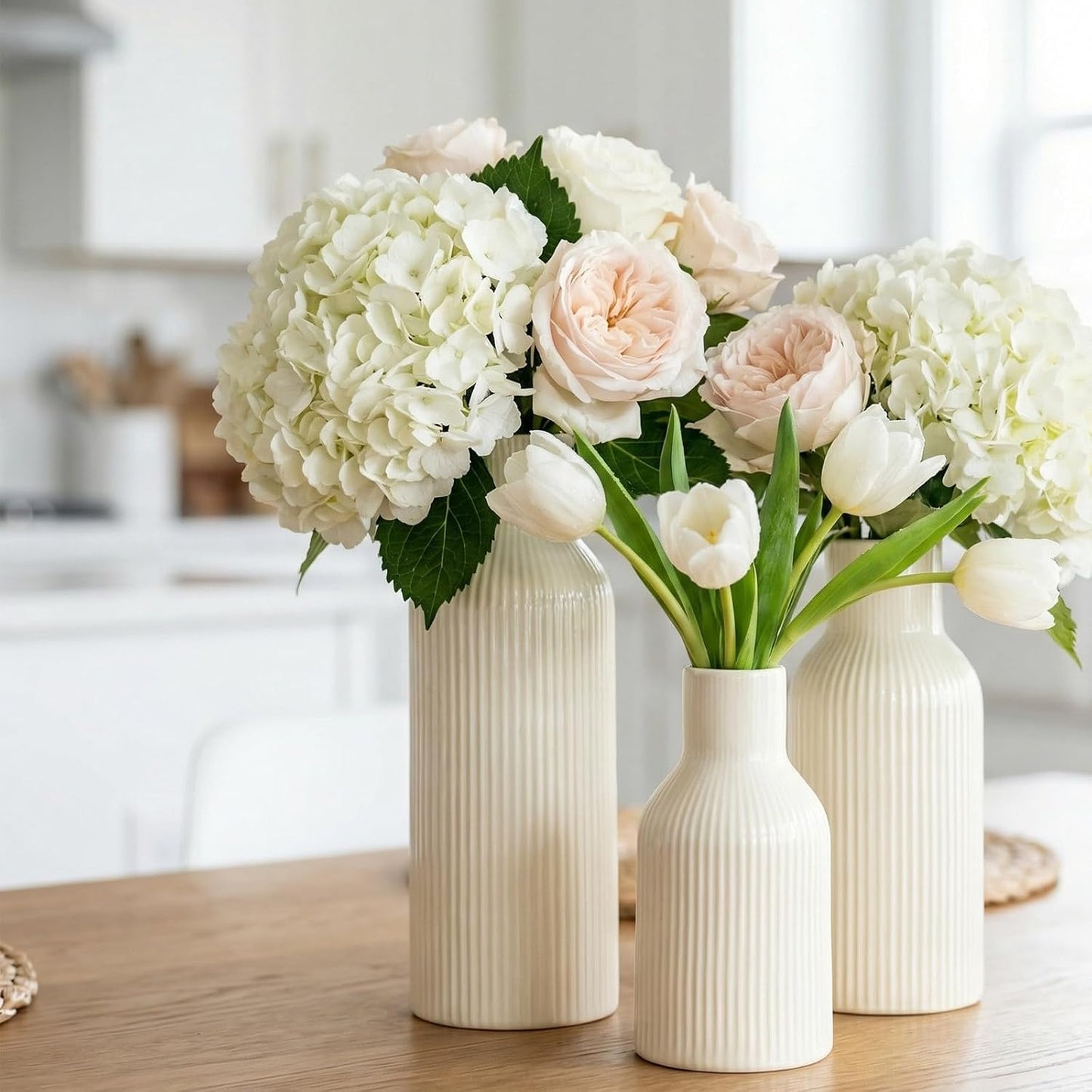 White Ceramic Flower Vases Set of 3, Modern Matte Vertical Ribbed, Nordic Minimalist Decor for Pampas, Dried & Fresh Flowers, Centerpiece for Living Room, Shelf, Entryway, Wedding,Office