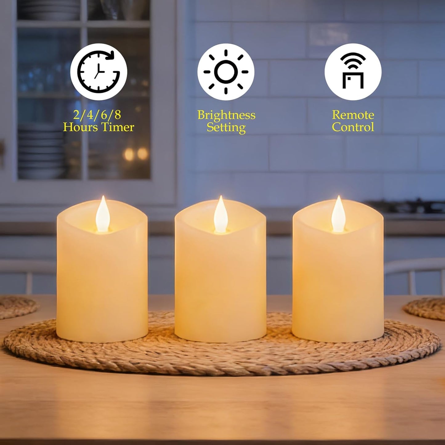 3"x4" Flickering Flameless Battery Candles with Timer, White Realistic LED Pillar Candles, Set of 2 Large Remote-Operated Candles for Home Indoor/Outdoor & Holiday Decor