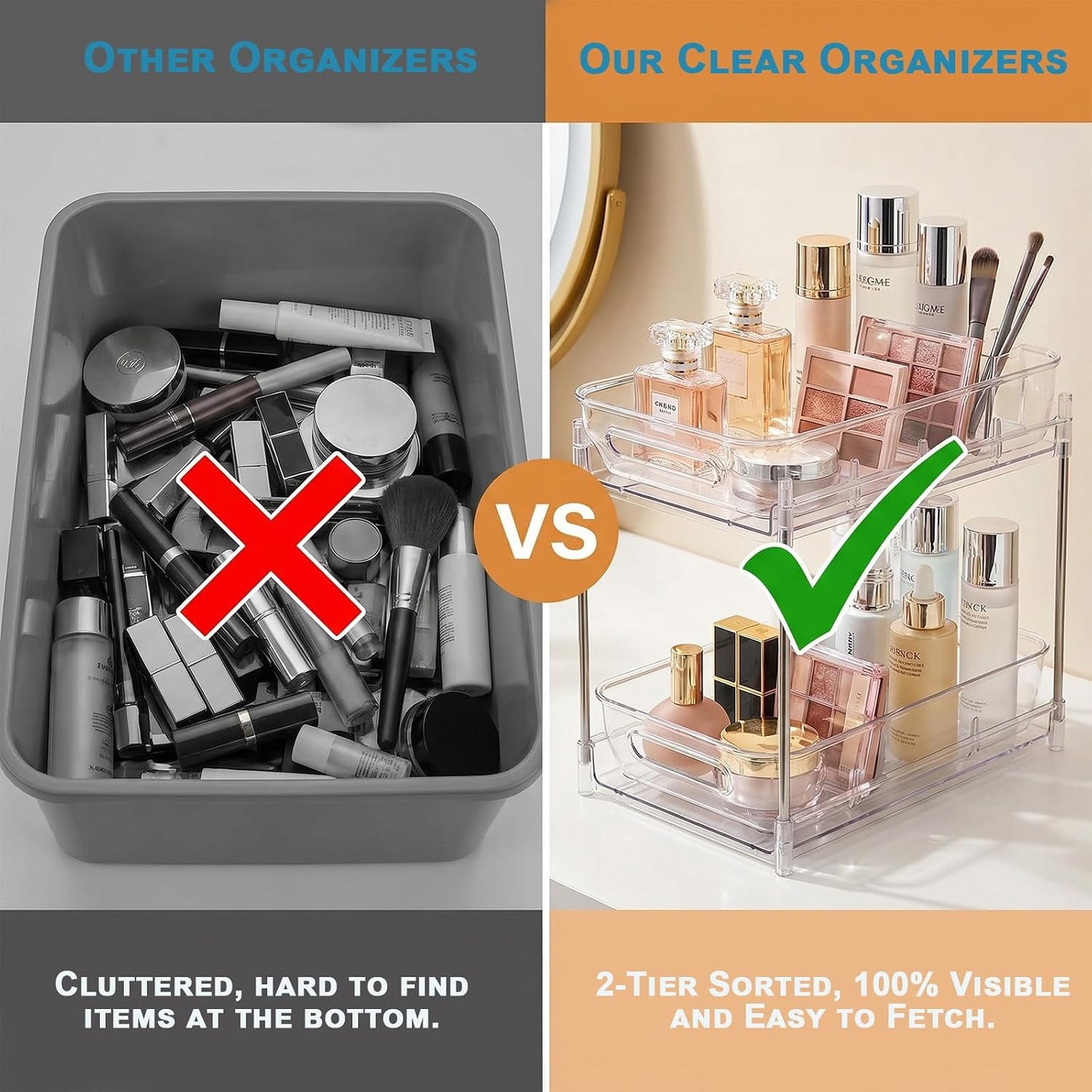2-Tier bathroom cabinet organizer, bathroom organizers and storage with Adjustable Removable Dividers,Under Sink Organizing,Under Sink and Pull-Out Cabinet Organizer for Kitchen and Pantry Storage