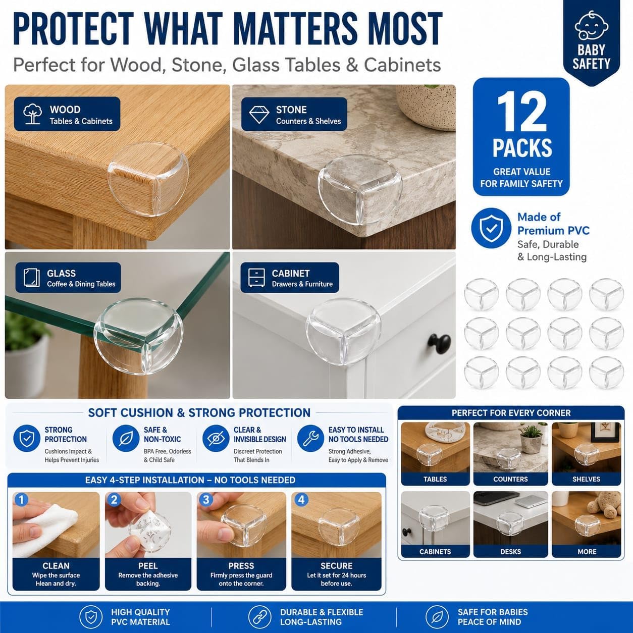 Corner Guard Baby Proofing 12 Packs - Clear Coerner Protectors with Strong Adhesive for Furniture, BPA Free, Soft PVC Edges Safety Bumpers for Tables, Cabinets, DESKS & Countertops