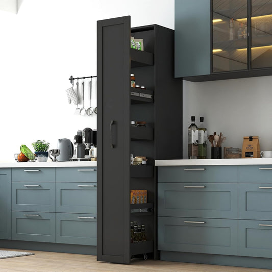 LUMISOL Slim Wood Spice Rack Next to Fridge, 6-Layer Kitchen Cart with Shelf, Narrow Storage Cabinet with Handle & Wheels, Pantry Shelf for Kitchen Small Space, Black