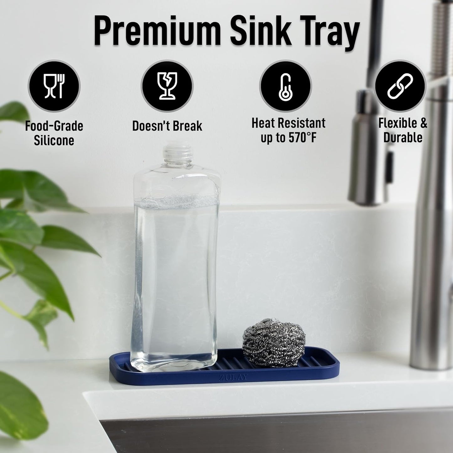 Zulay Kitchen (9x3.5in) Sponge Holder for Kitchen Sink - Flexible Heavy-Duty Multipurpose Sink Caddy - Counter Organizer for Kitchen, Bathroom, Makeup, Trinkets & More! (Grey)