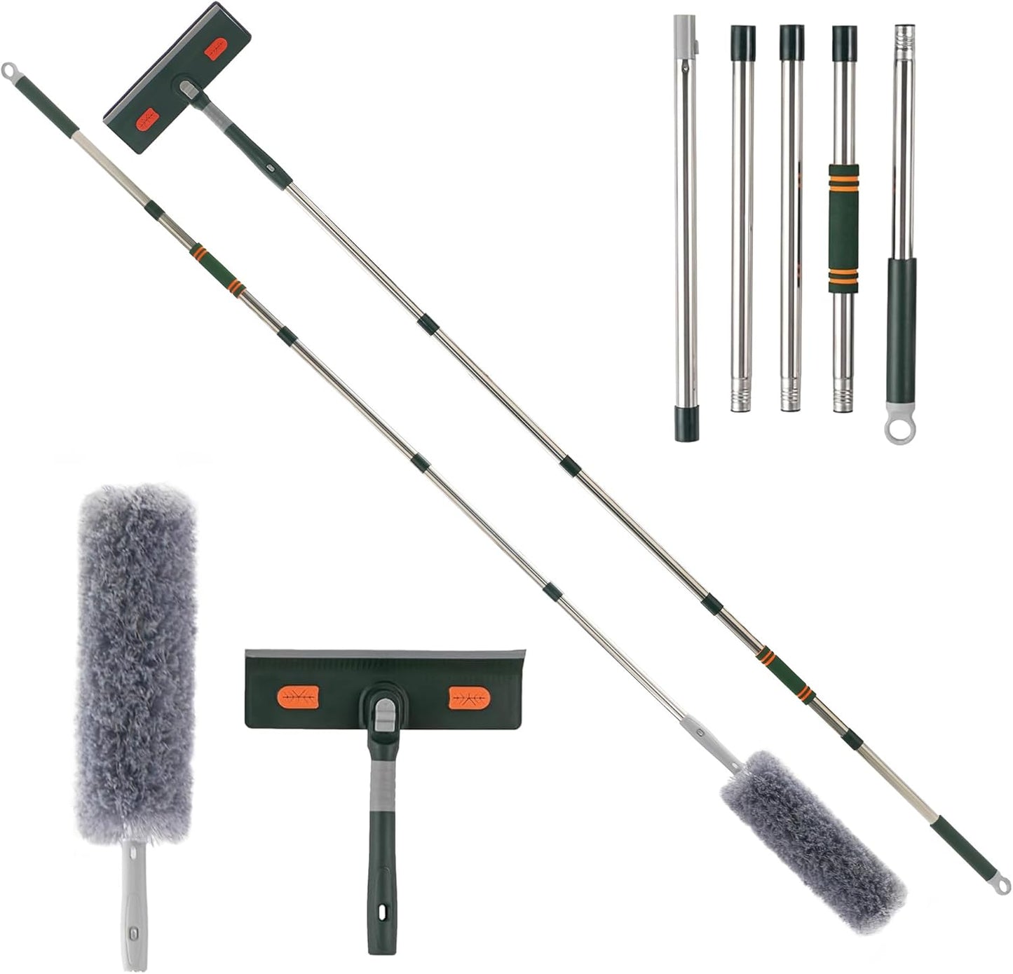Window Squeegee Cleaner Tool with Extension Pole (81.5inch), 2-in-1 Squeegee for Window Cleaning Kit with Scrubber, Add Extra Pole Attachment Bendable Microfiber Feather Duster