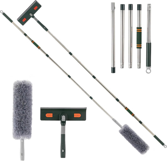 Window Squeegee Cleaner Tool with Extension Pole (81.5inch), 2-in-1 Squeegee for Window Cleaning Kit with Scrubber, Add Extra Pole Attachment Bendable Microfiber Feather Duster