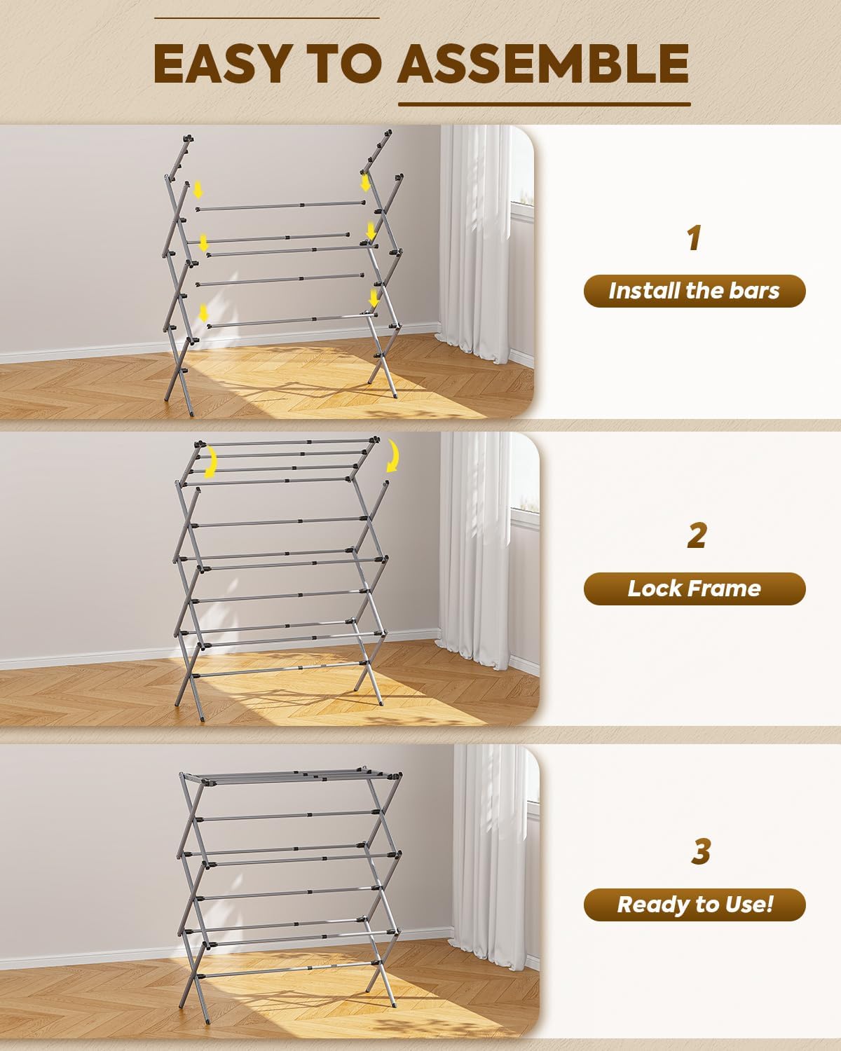 KINGBOARD Clothes Drying Rack, Collapsible Drying Rack Clothing with 11 Poles, 3-Tier Laundry Drying Rack, Small Clothes Drying Rack Foldable for Baby Clothes Sock Towel, 25lb Capacity, White
