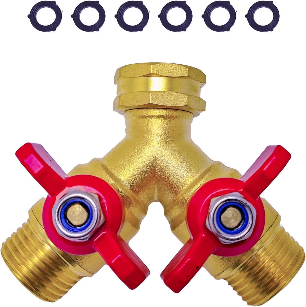 Upgraded Full-Flow Brass Garden Hose Splitter, 3/4 Inch，2-Way Y Connector for Outdoor Faucet, Heavy-duty Handle & Individual Shut-Off Valves, Ideal for Garden Irrigation & Cleaning Tasks