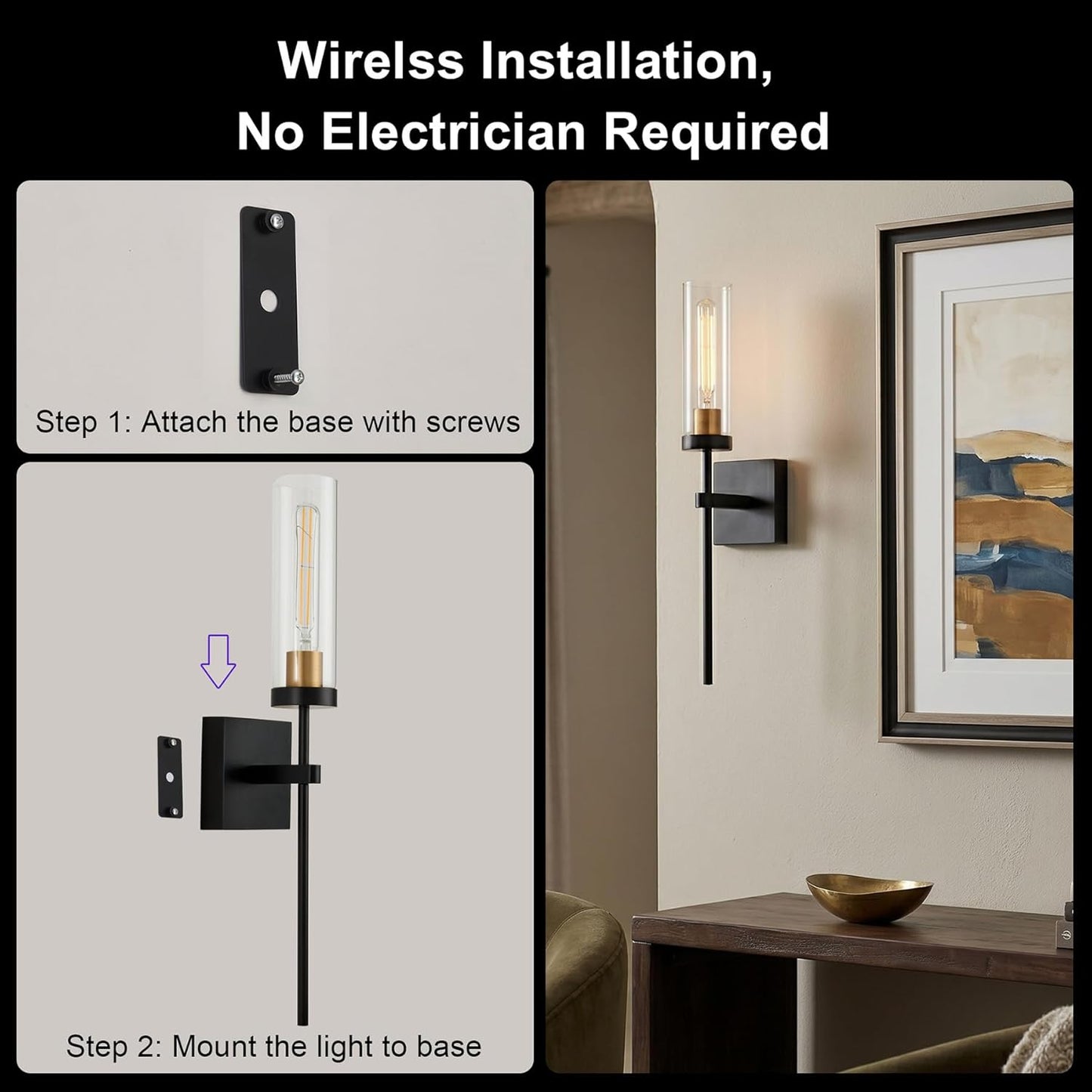 Wireless Wall Sconces with Remote Control, Battery Operated Wall Sconce Set of 2, Black & Gold Rechargeable Dimmable Wall Light for Bedroom Living room Bathroom Hallway Entryway Stairwell, 3000K