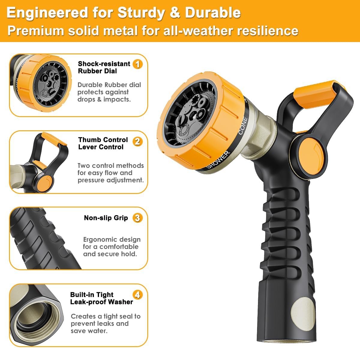 FANHAO Fireman-Style Garden Hose Nozzle, Heavy-Duty Metal Water Hose Sprayer with Lever Control & Thumb Control, 7 Spray Patterns, High-Pressure Water Nozzle for Lawn Watering, Car & Pet Washing