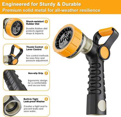 FANHAO Fireman-Style Garden Hose Nozzle, Heavy-Duty Metal Water Hose Sprayer with Lever Control & Thumb Control, 7 Spray Patterns, High-Pressure Water Nozzle for Lawn Watering, Car & Pet Washing