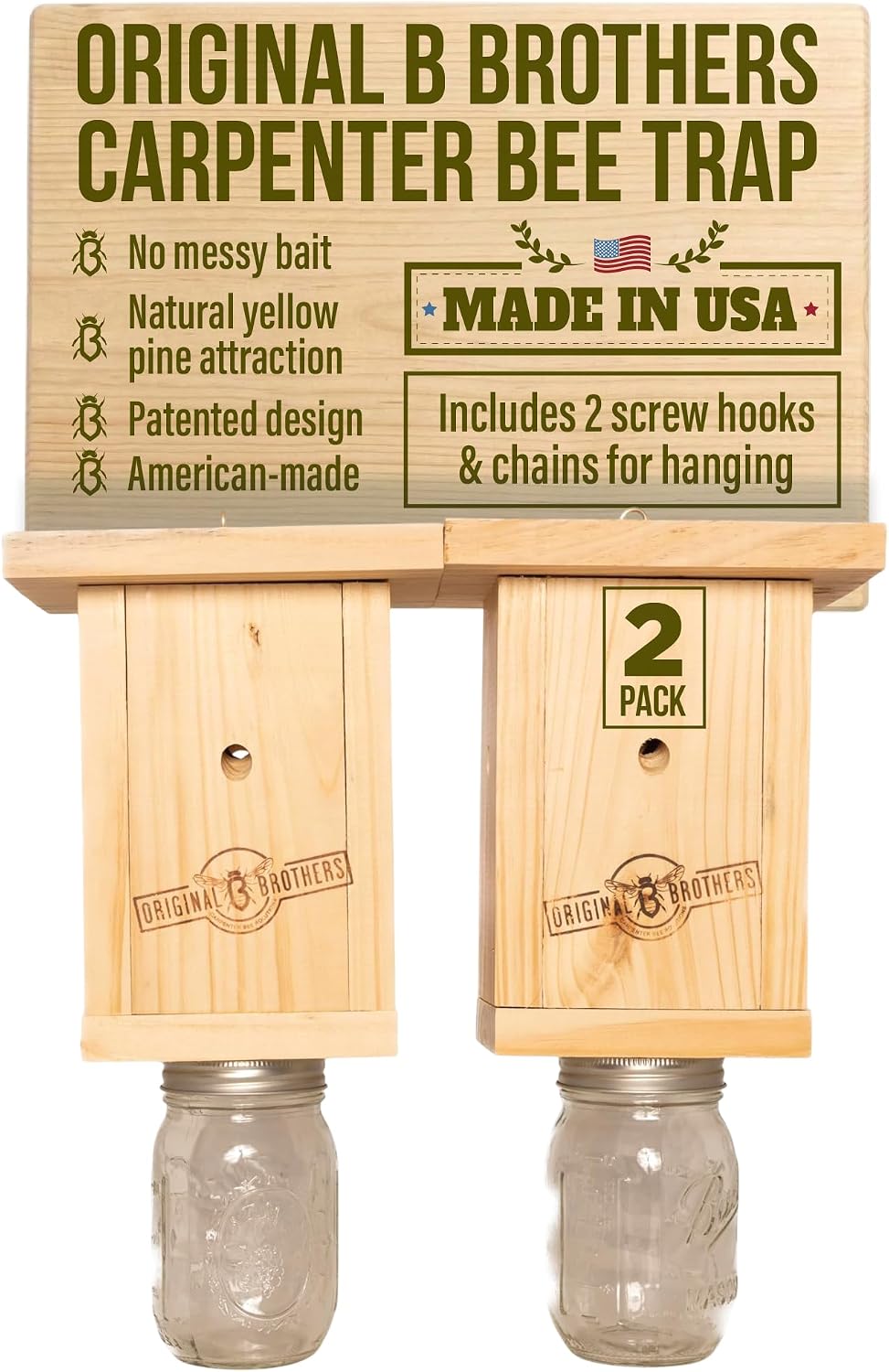 Wooden Carpenter Bee Catchers for Hanging Outdoor Traps Kit - Pack of 2 | Carpenter Bee Traps for Home, Yard, Garden, House with Hanging Kit, Carpenter Bees Natural Wooden Catcher Device Outside