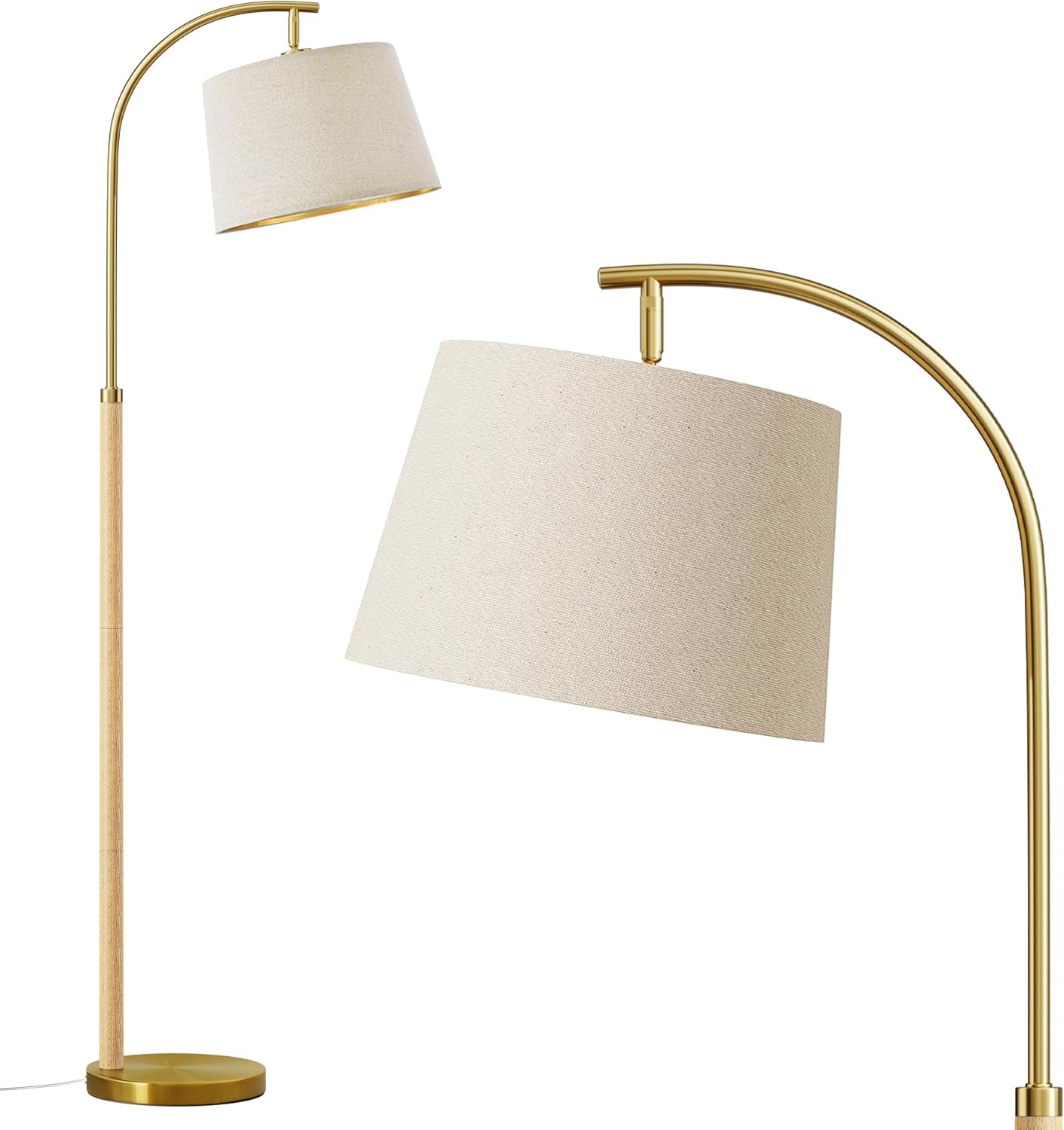 G-SAFAVA Real Wood Floor Lamps for Living Room Bedroom, 62.5" Mid Century Modern Lamp Gold Standing Tall Arc Lamps with Foot Switch, Floor Lamps for Nursery Office Decor Corner Reading Room Light