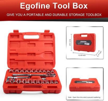 Egofine 46 Pieces 1/4 inch Drive Socket Ratchet Wrench Set, with Bit Socket Set Metric and Extension Bar for Auto Repairing and Household, with Storage Case