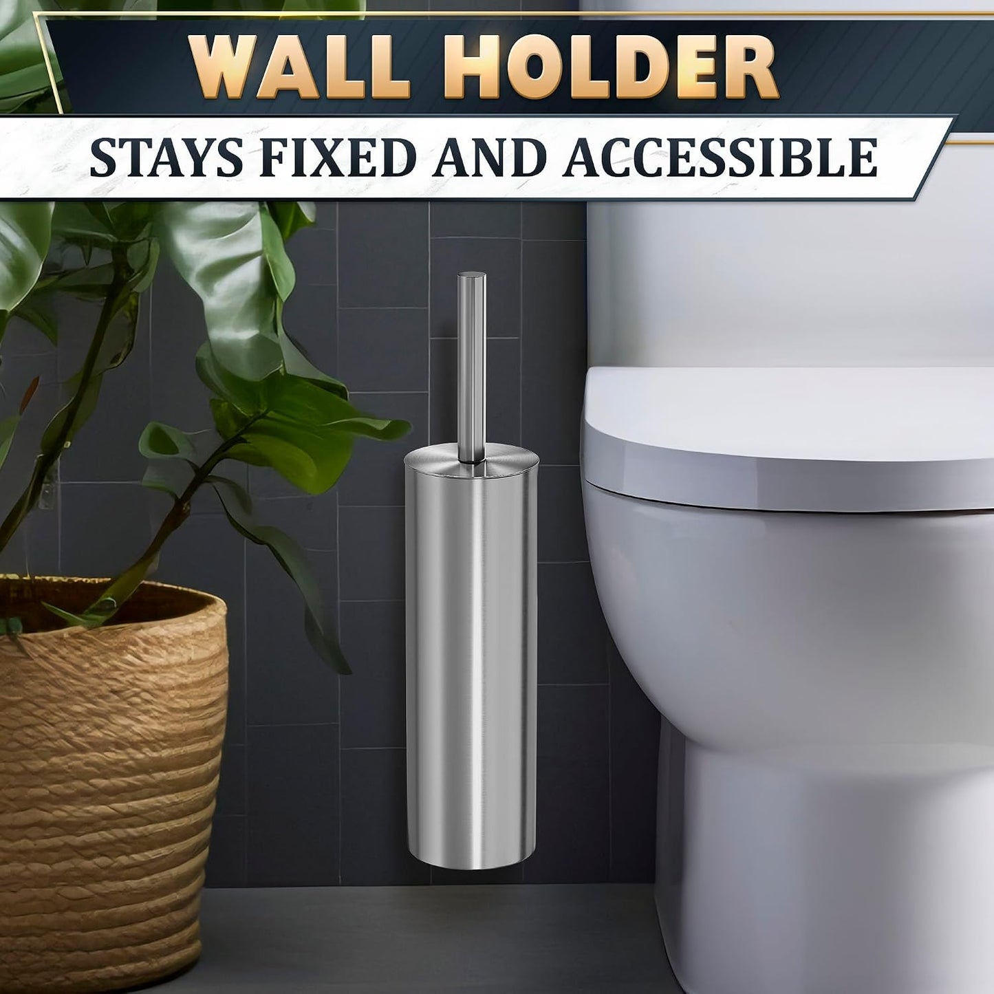 Black Toilet Brush and Holder Set - Slim Matte Design that Fits Anywhere - Stainless Steel Toilet Bowl Brush and Holder with 2 Rounded Corners, Replaceable Head, Removable Inner Bowl & Splash Guard
