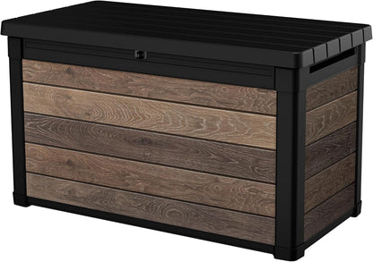 Keter Signature Everwood 30 Gallon Resin Outdoor Storage Box and Patio Furniture Side Table for Pool and Garden Accessories, Walnut