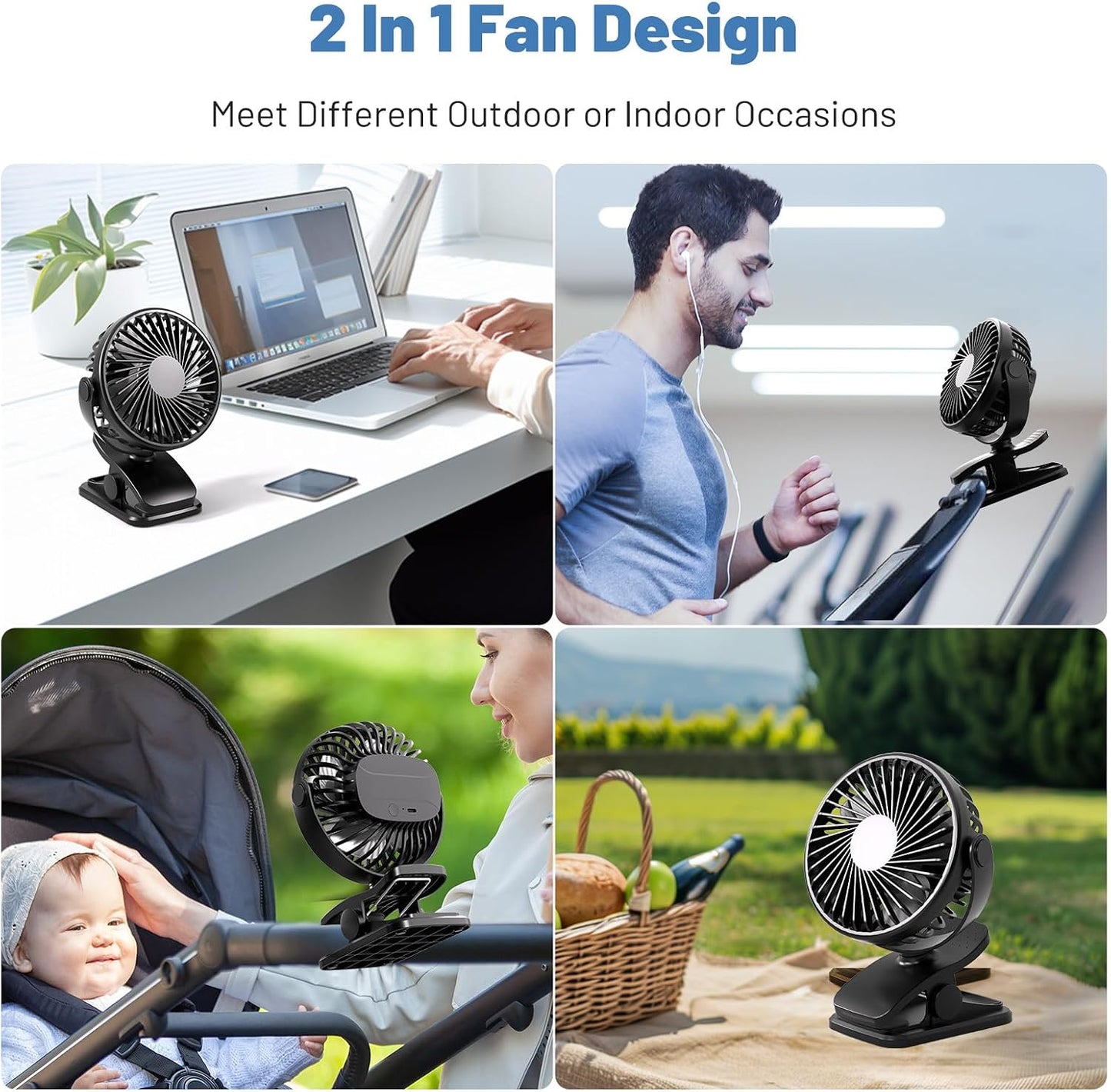 BDXXJ Portable Clip on Fan, 360° Rotate Battery Operated Stroller Fan, 3 Speed Quiet Mini Personal Table Fan, USB Rechargeable Clooing Fan for Outdoor Camping Golf Cart Stroller Home Office Black