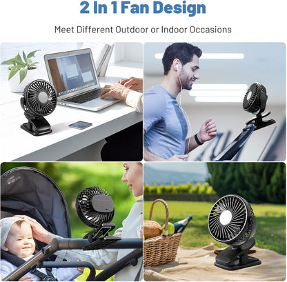 BDXXJ Portable Clip on Fan, 360° Rotate Battery Operated Stroller Fan, 3 Speed Quiet Mini Personal Table Fan, USB Rechargeable Clooing Fan for Outdoor Camping Golf Cart Stroller Home Office Black