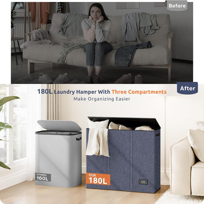 SOLEDI 180L Laundry Hamper 3 Section, Extra Large Laundry Hamper with Lid, Dirty Clothes Hamper with Sturdy Handle, Large Laundry Basket Organizer for Laundry Room, Bedroom, Hampers for Laundry