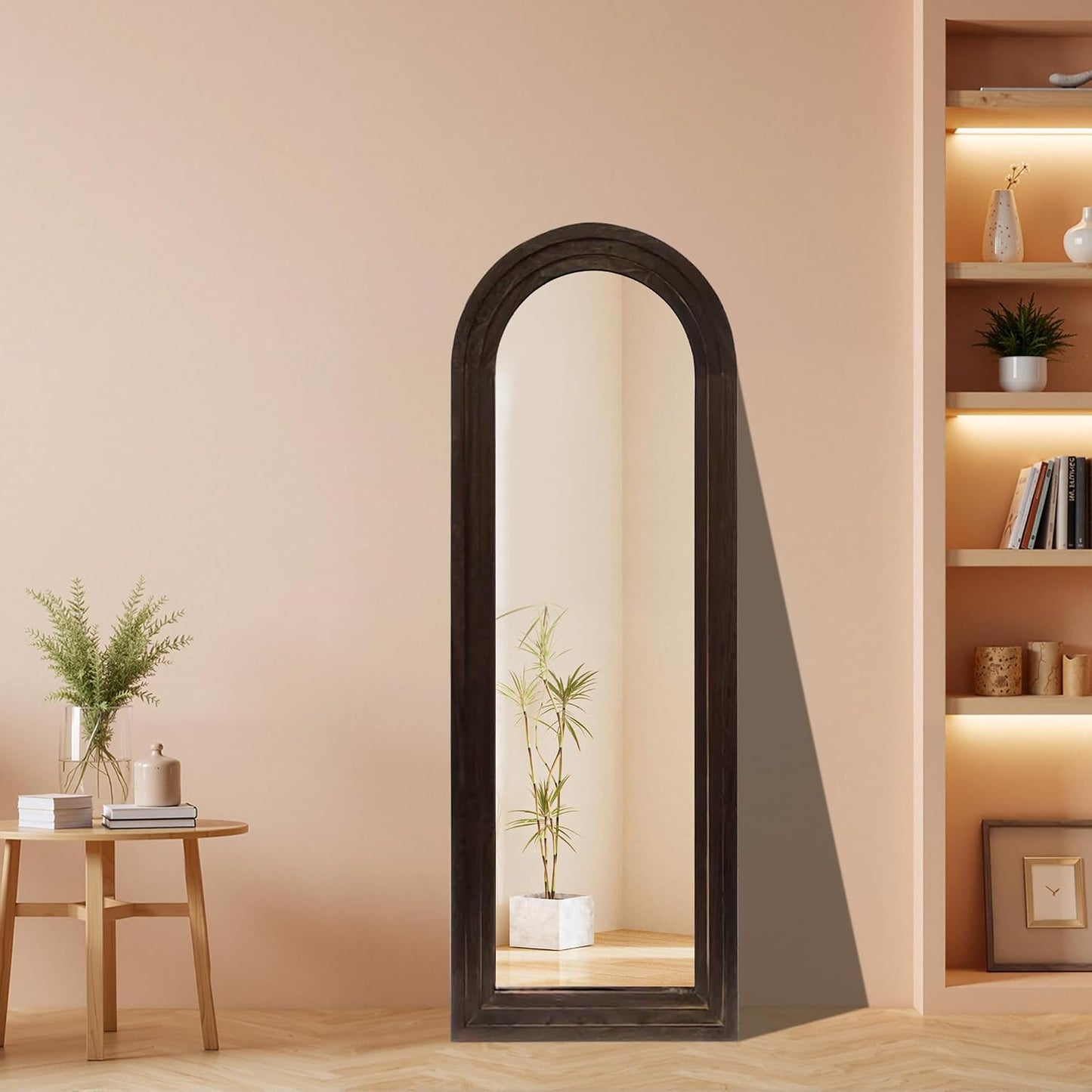 Hand-Made Wooden Spliced Full-Length Mirror with Stand, Rustic Farmhouse Mirror, Solid Wood Frame, Vertical Hanging, Leaning Standing for Bedroom, Living Room (Brown, 65" x 24", Arched)