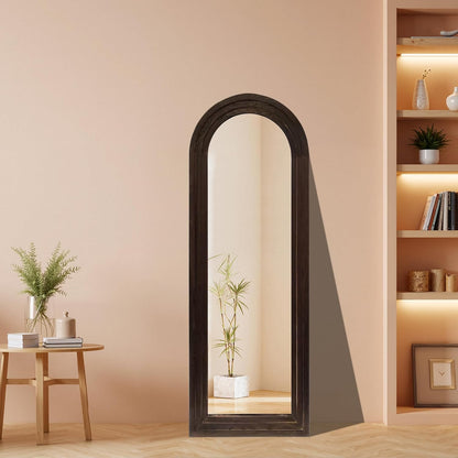 Hand-Made Wooden Spliced Full-Length Mirror with Stand, Rustic Farmhouse Mirror, Solid Wood Frame, Vertical Hanging, Leaning Standing for Bedroom, Living Room (Brown, 65" x 24", Arched)