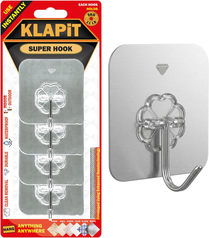 KLAPiT Super Hook - Heavy-Duty Adhesive Clear Wall Hooks Made of Stainless Steel, Holds up to 11 lbs, Waterproof, No Damage, Easy Install on Tile, Wood, Stone, Glass & Metal (Clear, 8pc)