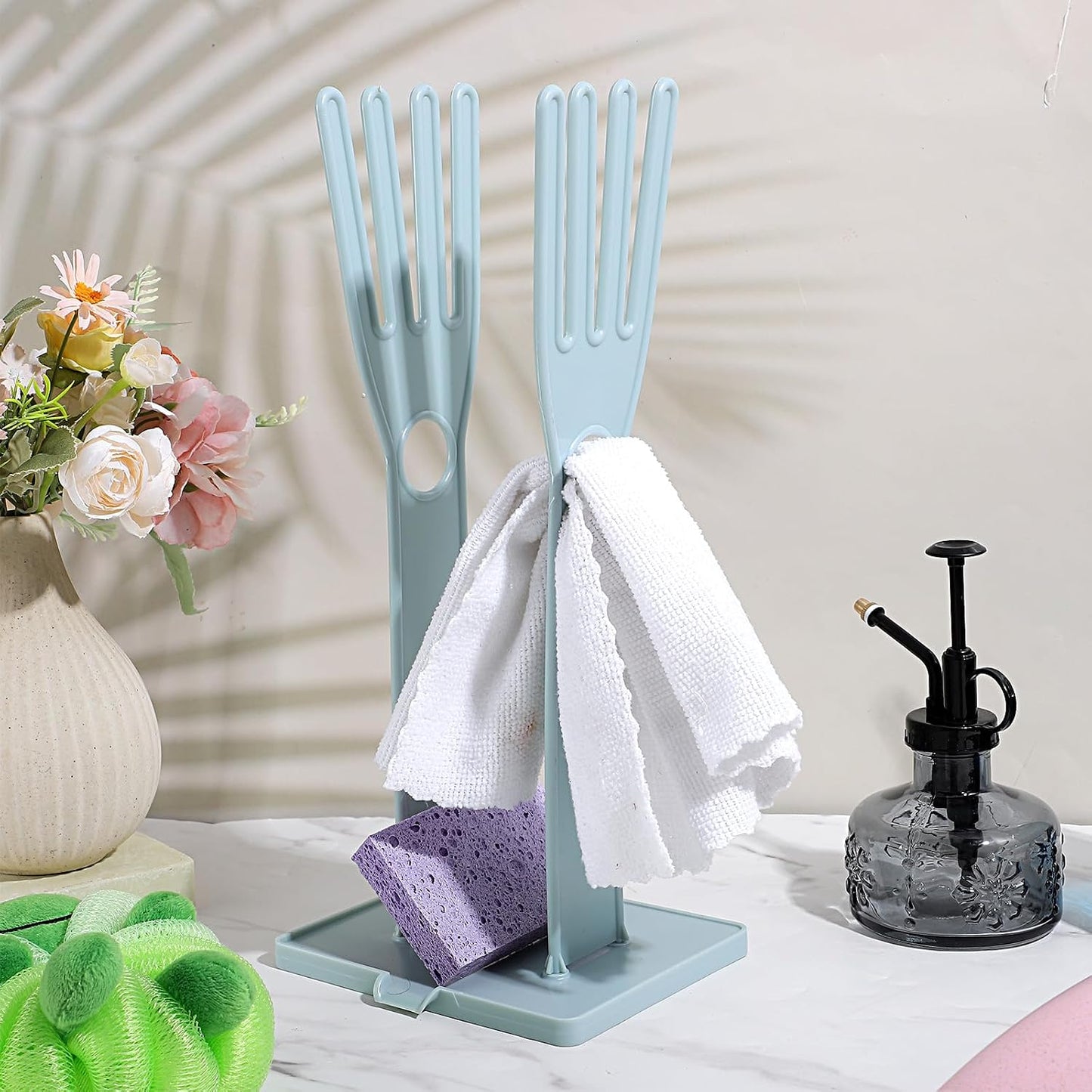 Kitchen Gloves Holder Mitten Dryer Reusable Rubber Glove Clothes Drying Rack Plastic Washing Sink Holder Stand Towel Hanger for Dish Gloves Rags Sponge Food Bag Organizer Blue