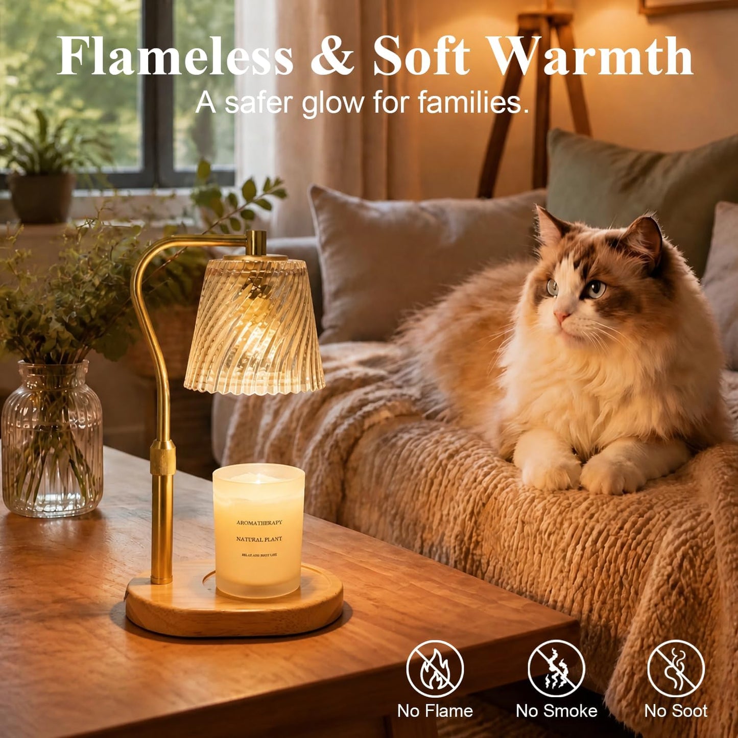 Candle Warmer Lamp - 2/4/8h Timer & Stepless Dimmable Candle Lamp with 3.9ft Cord, Adjustable Height Wax Melt Warmer for 2-6'H Jar Candles, Streamlined Flameless Ambiance Light for Bathroom Bedroom