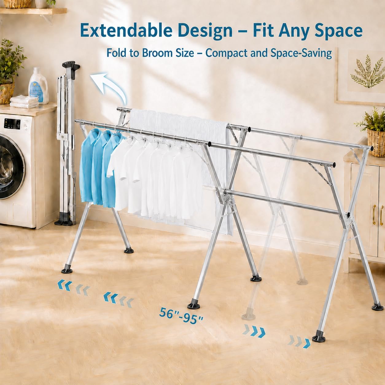 95 Inch Windproof Clothes Drying Rack, Heavy Duty Stainless Steel Folding Laundry Drying Rack for Indoor Outdoor Use, Collapsible Clothes Rack with 20 Hooks & 12 Clips