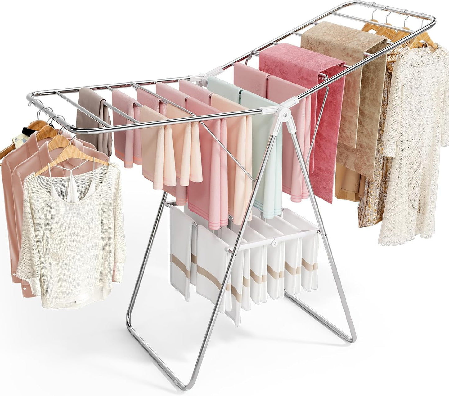 APEXCHASER Large Stainless Steel Clothes Drying Rack, Drying Rack Clothing with Height-Adjustable, Foldable Gullwings Laundry Rack, Indoor Outdoor Use, No Assembly,Black
