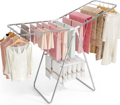 APEXCHASER Large Stainless Steel Clothes Drying Rack, Drying Rack Clothing with Height-Adjustable, Foldable Gullwings Laundry Rack, Indoor Outdoor Use, No Assembly,Black