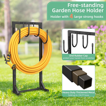 Garden Hose Holder Reel, Upgraded Metal Hose Reels Holds 150ft Hose, Heavy Duty Freestanding Water Hose Holders, Detachable Hose Storage Hanger for Outside - Fan-Shaped