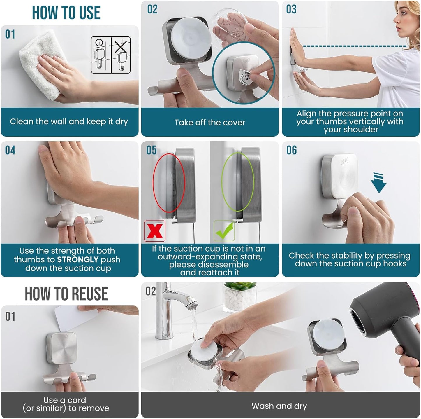 TAILI Suction Cup Razor Holder in Shower 2 Pack, Towel, Loofah, Shaver Holder for Bathroom Wall, Powerful Suction Cup Shower Hooks, Easy to Install and Reuse, White