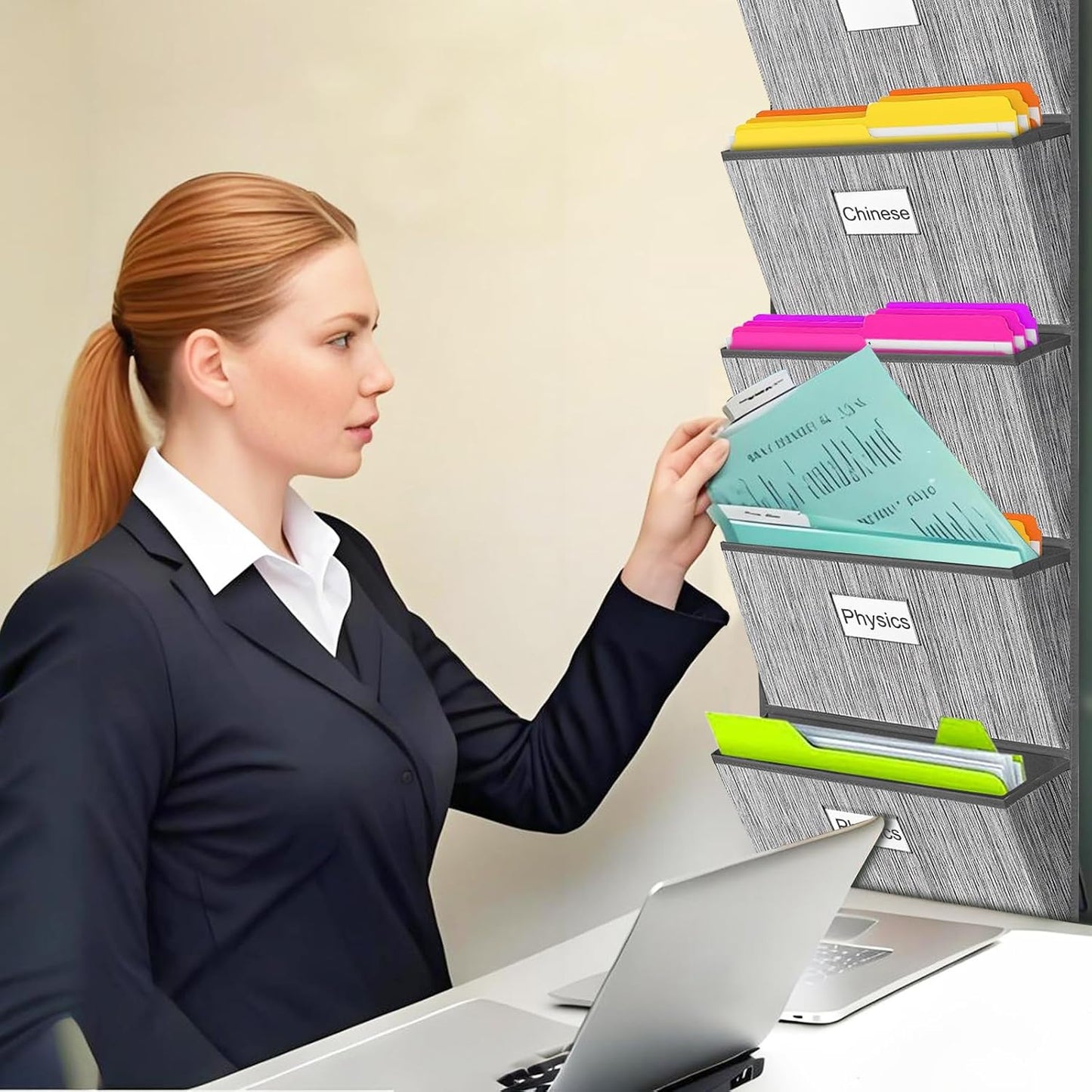 homyfort Over the Door File Organizer, Wall Hanging File Folders with 5 Large Pocket for Mails, Magazines, Back to School Supplies,Office Chart Storage, Paper Organization (Grey)