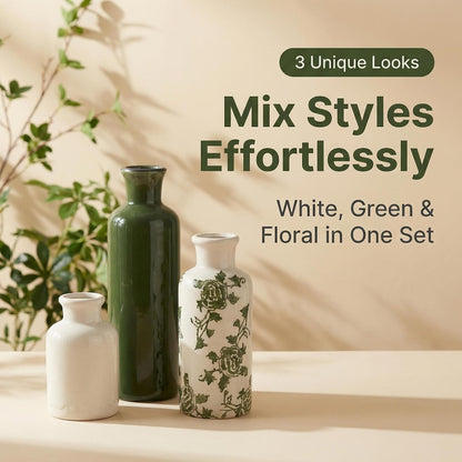 Ceramic Vase Set of 3 with Handles, Green White Neutral Rustic Modern Farmhouse Boho Decor, Versatile as Table Centerpiece or Mantel & Shelf Accent - Unique Home Gift Idea