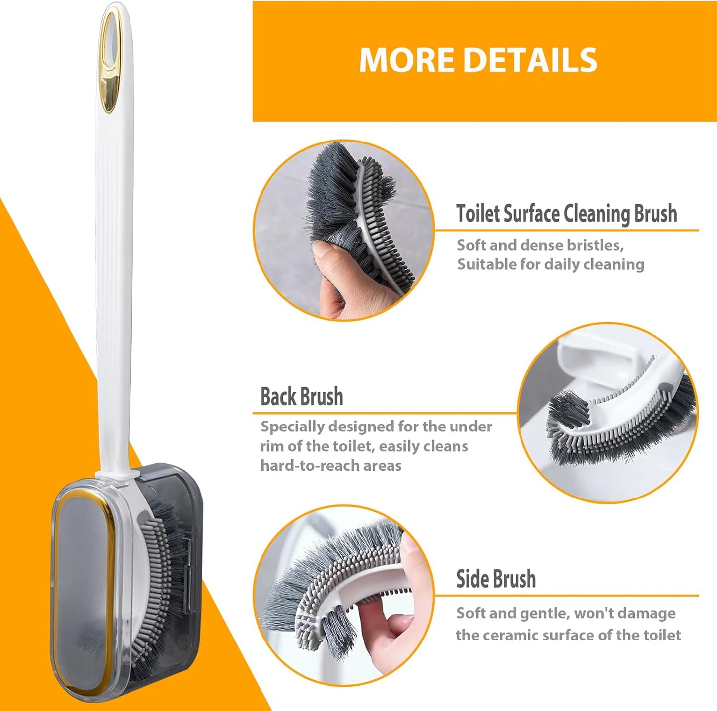 Curved Toilet Brush and Holder Set 2 Pack - Under Rim Toilet Bowl Scrubber with S-Shaped Brush Head & Back Scrubber, Compact Wall Mounted Toilet Cleaning Brush for Bathroom (White)